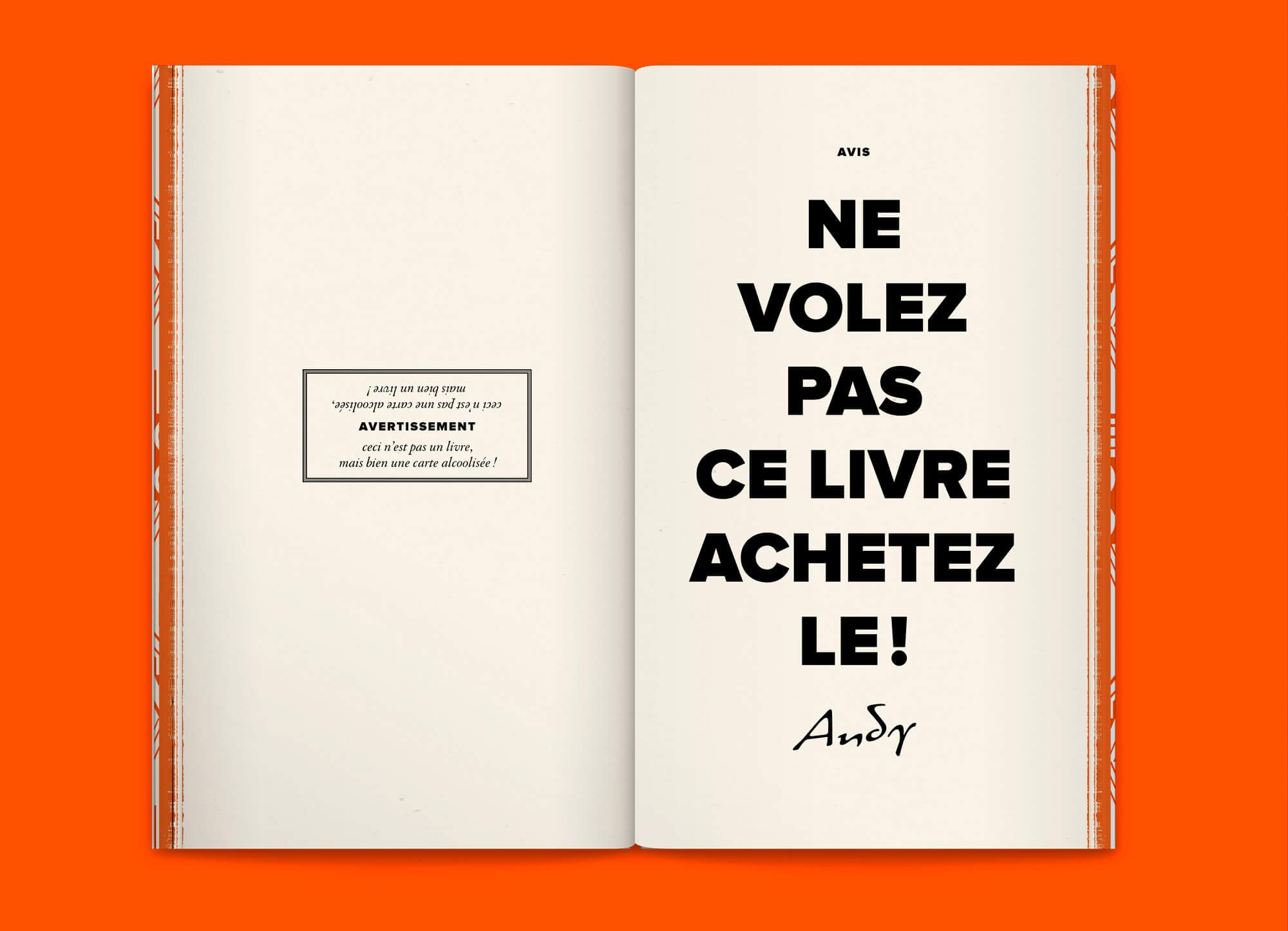 Le livre-menu avec des nouvelles à lire et une carte de boisson, concept et graphisme IchetKar