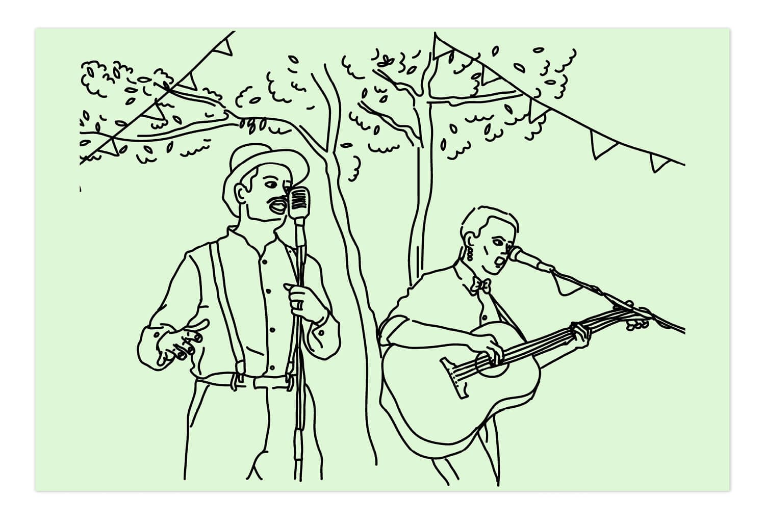 des musicien dans le kiosque à musique illustré par IchetKar pour le Chalet des Îles