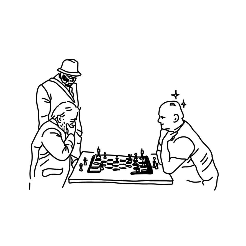 joueurs d'echecs illustrés par ichetkar pour le chalet des iles