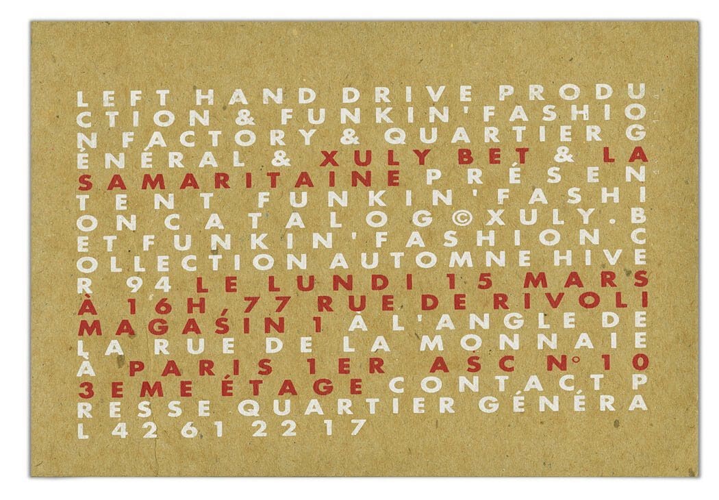 l'invitation Xuly.bët à la samaritaine pour le défilé 1990 compsée par ichetkar