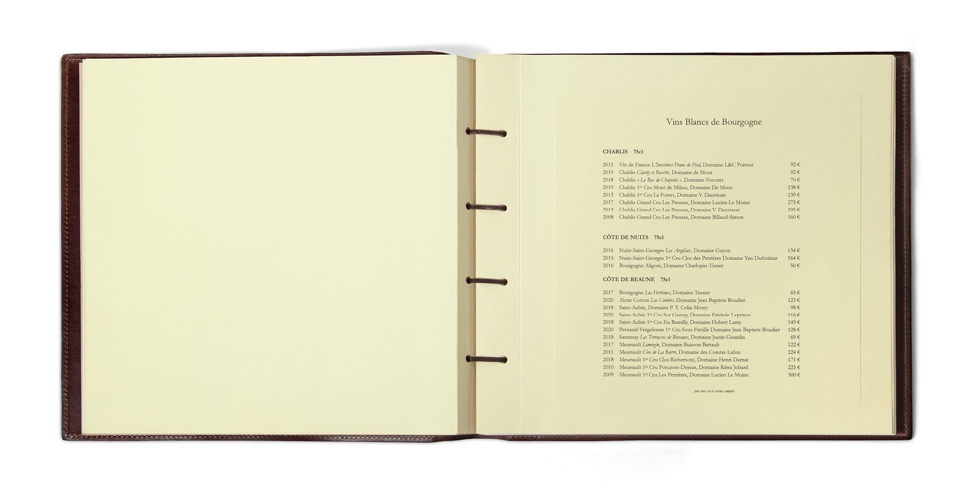 double page carte des vins blancs design signé Ichetkar pour le Balzac de Pierre Gagnaire