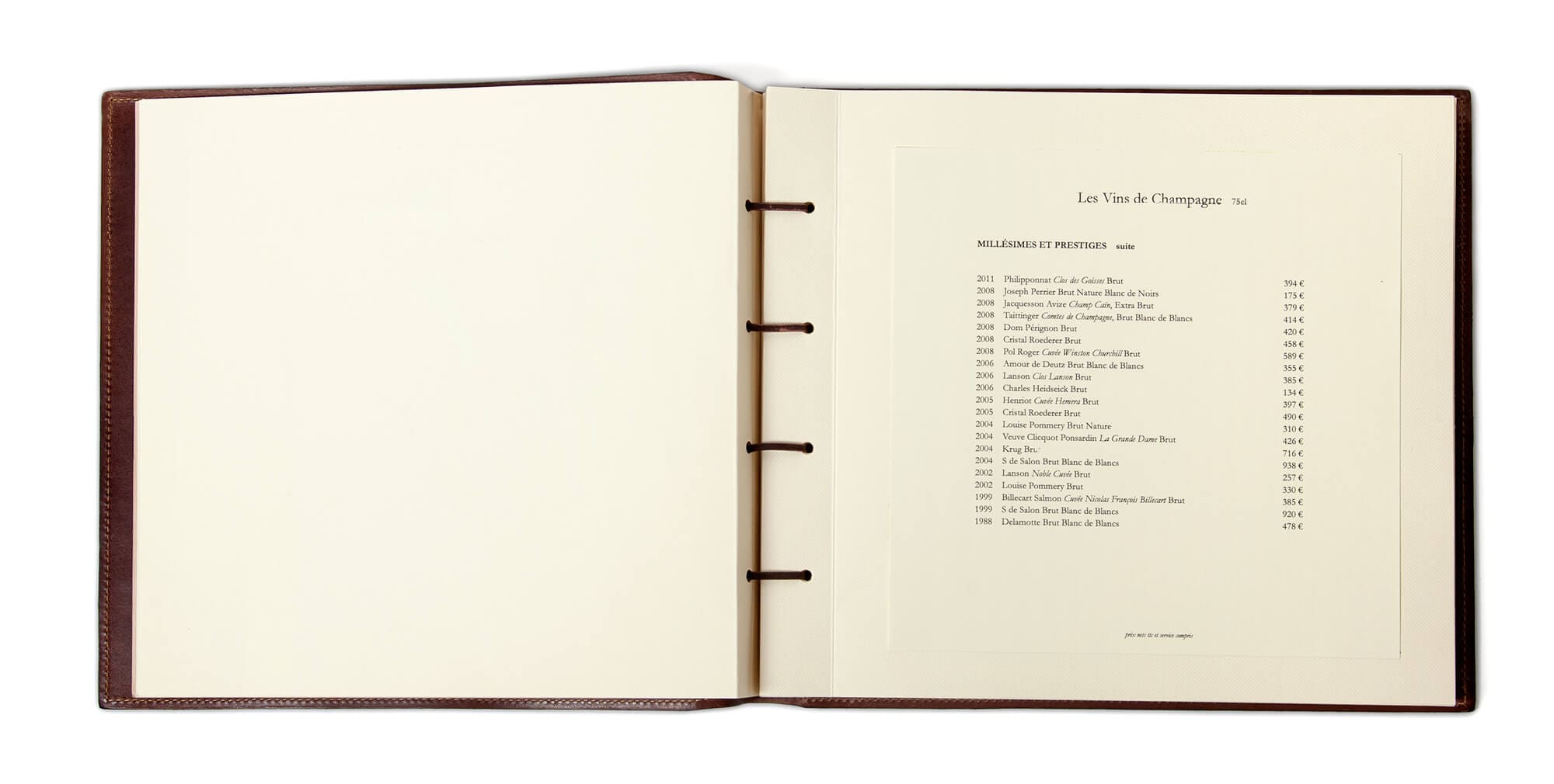 double page carte des vins de champagne design by Ichetkar pour le Balzac de Pierre Gagnaire