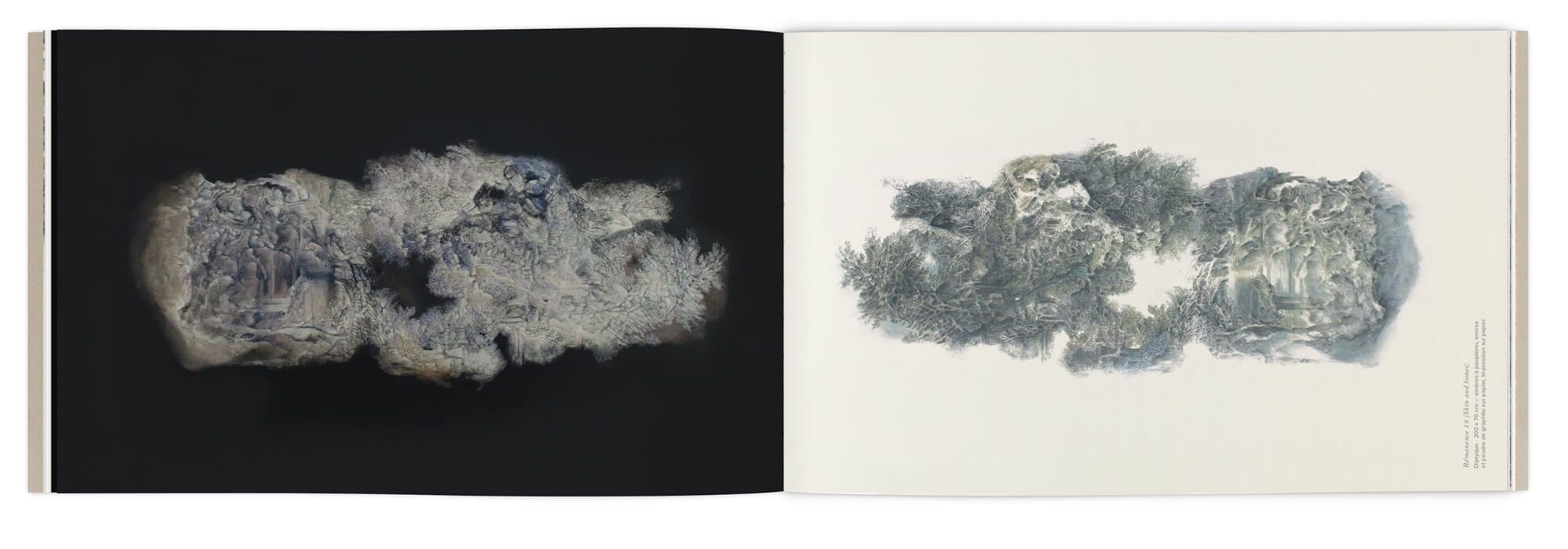 Un dessins sur fond noir et un dessin sur fond blanc, paysage poétique d'Hélène Muheim, maquette graphique IchetKar