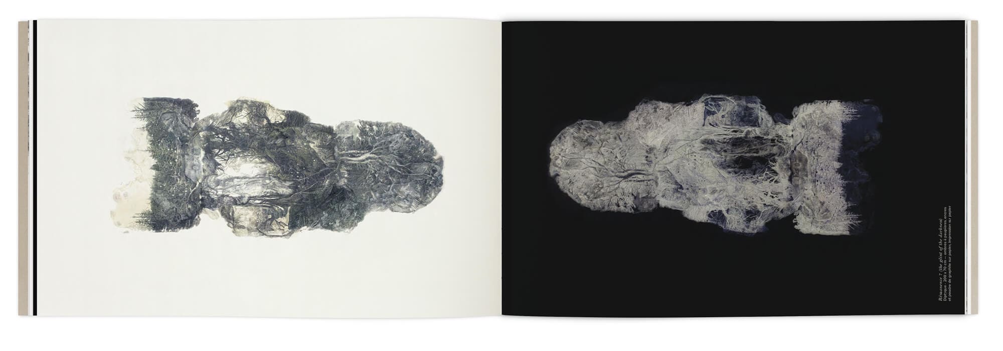 Un dessins sur fond noir et un dessin sur fond blanc, paysage poétique d'Hélène Muheim, maquette graphique IchetKar