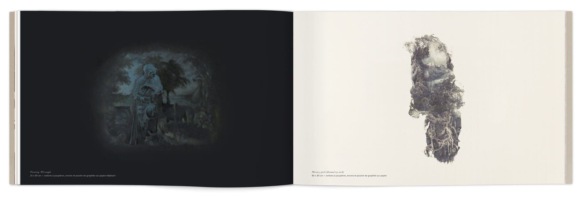 Un dessins sur fond noir et un dessin sur fond blanc, paysage poétique d'Hélène Muheim, maquette graphique IchetKar