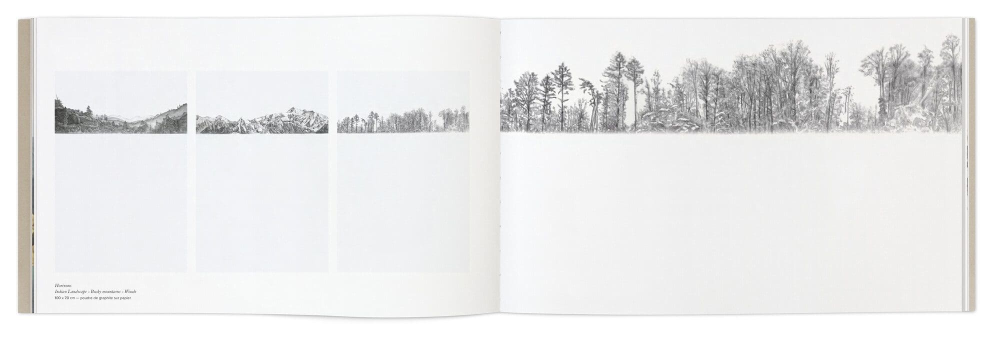 Double page sur les dessins Les Horizons d'Hélène Muheim dans son livre Quelque part dans l'inachevé, maquette IchetKar