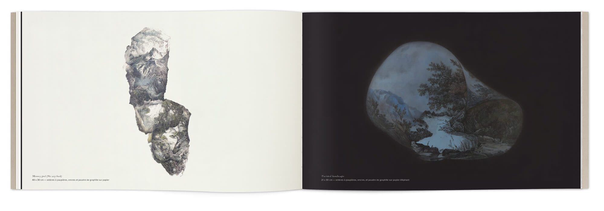 Un dessins sur fond noir et un dessin sur fond blanc, paysage poétique d'Hélène Muheim, maquette graphique IchetKar