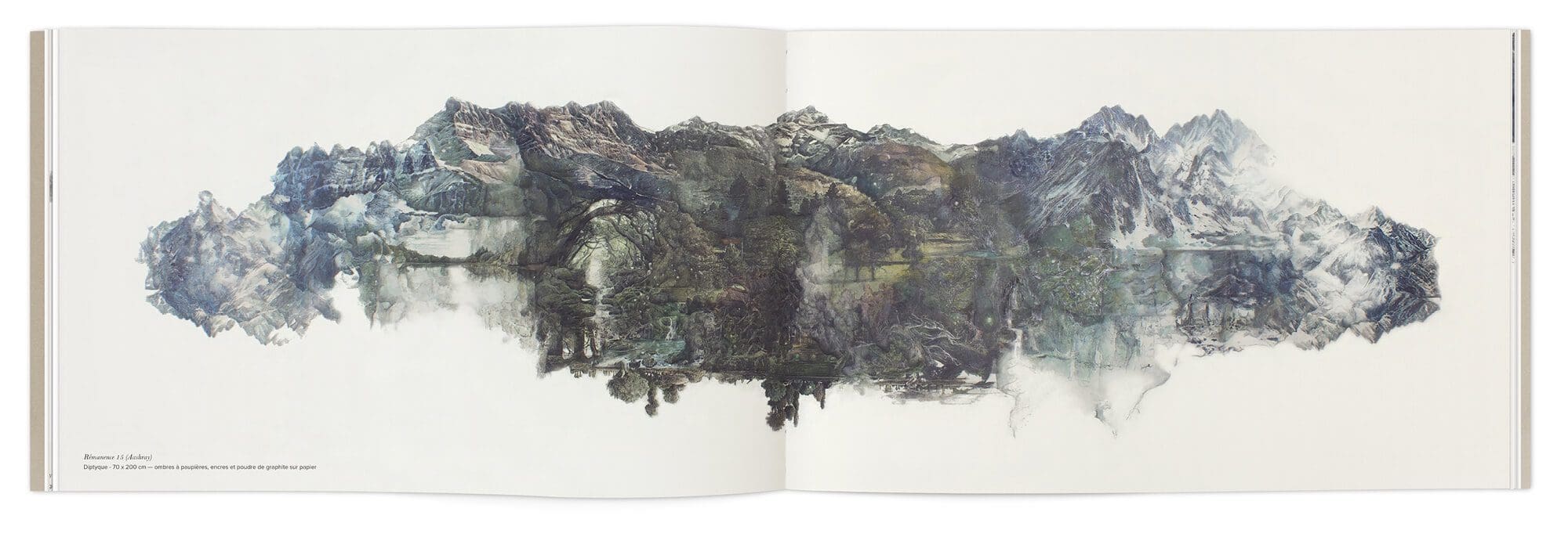 Double page des dessins d'Hélène Muheim dans son livre Quelque part dans l'inachevé, graphisme Ichetkar