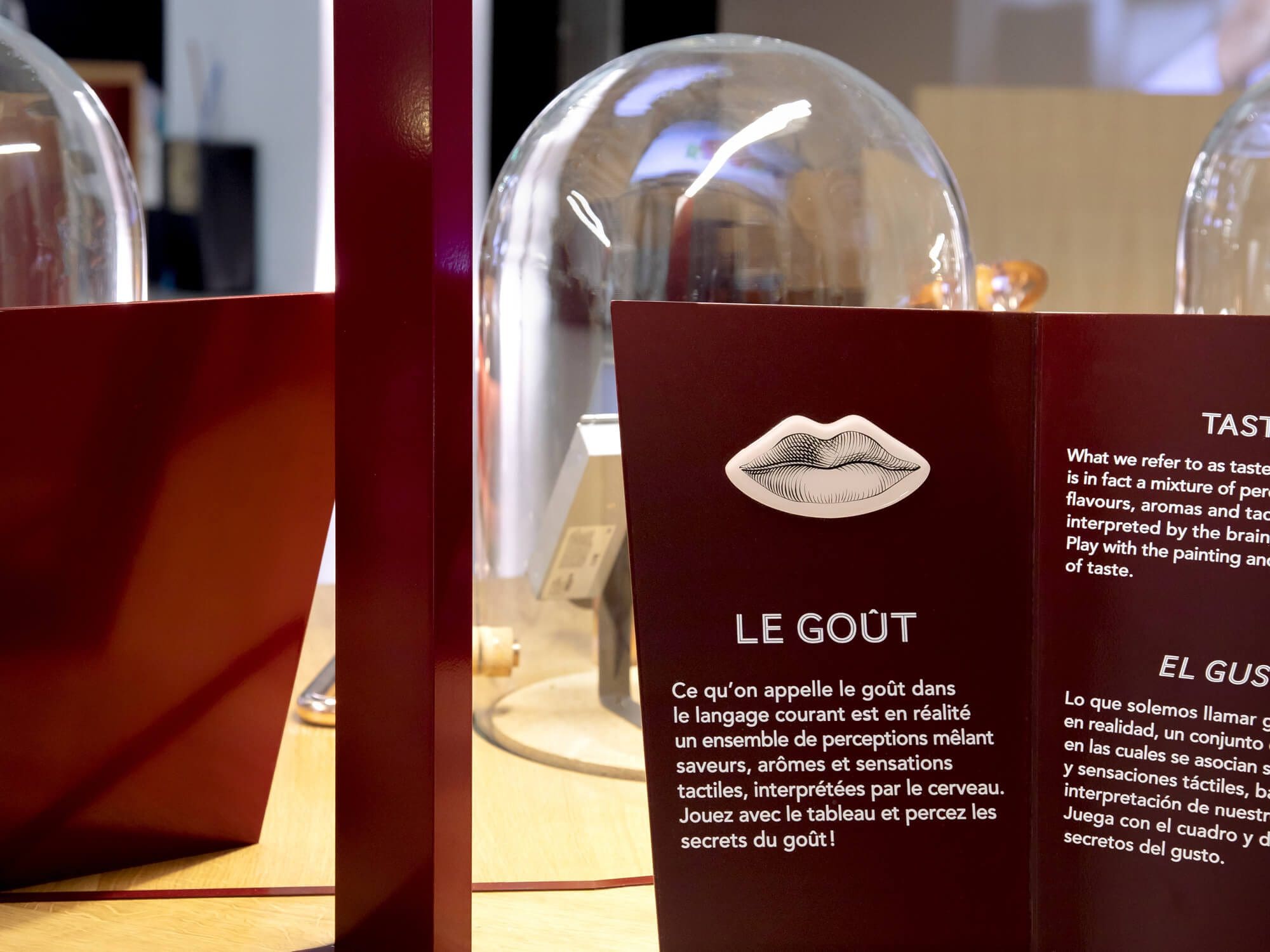 details du lutrin le gout de la cite du vin de bordeaux, un autocollant DADA avec une illustrationde la bouche façon gravure signées ichetkar