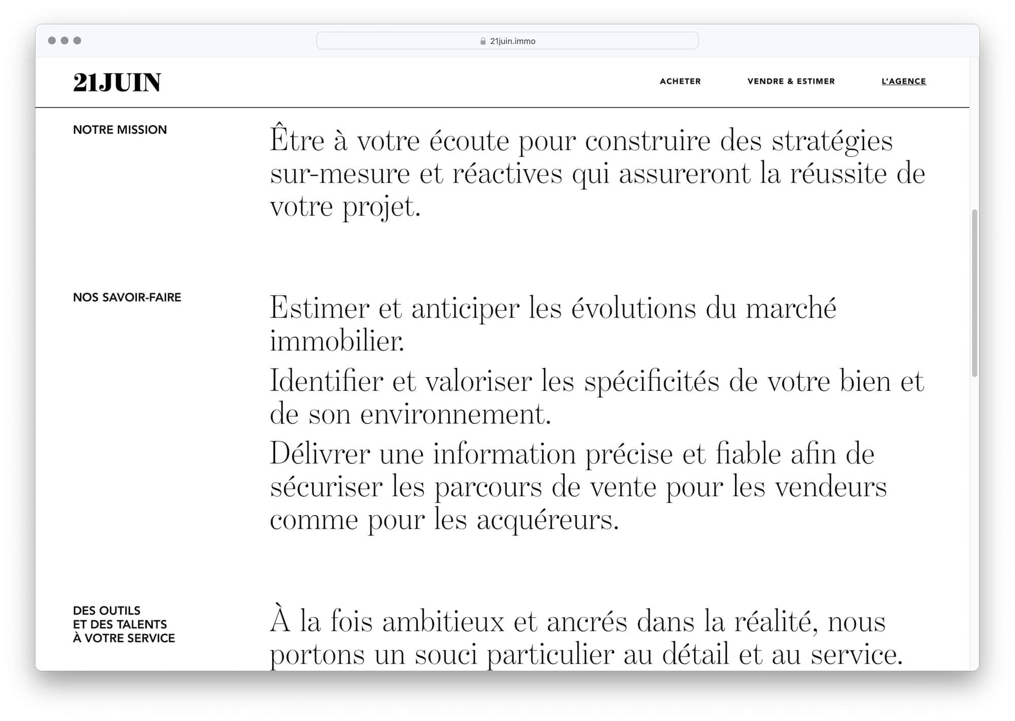 Le studio graphique Ichetkar met en page le rubrique agence du site de l'agence immobilière 21juin.immo