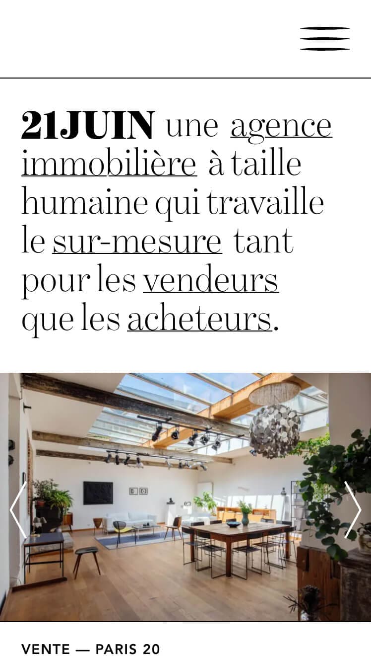 La home sur mobile du site web de l'agence immobilière 21 juin, design graphique ichetkar.