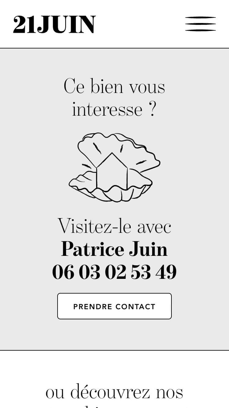 L'espace contact est largement mit en avant sur le site internet de l'agence immobilière 21 juin, design Ichetkar