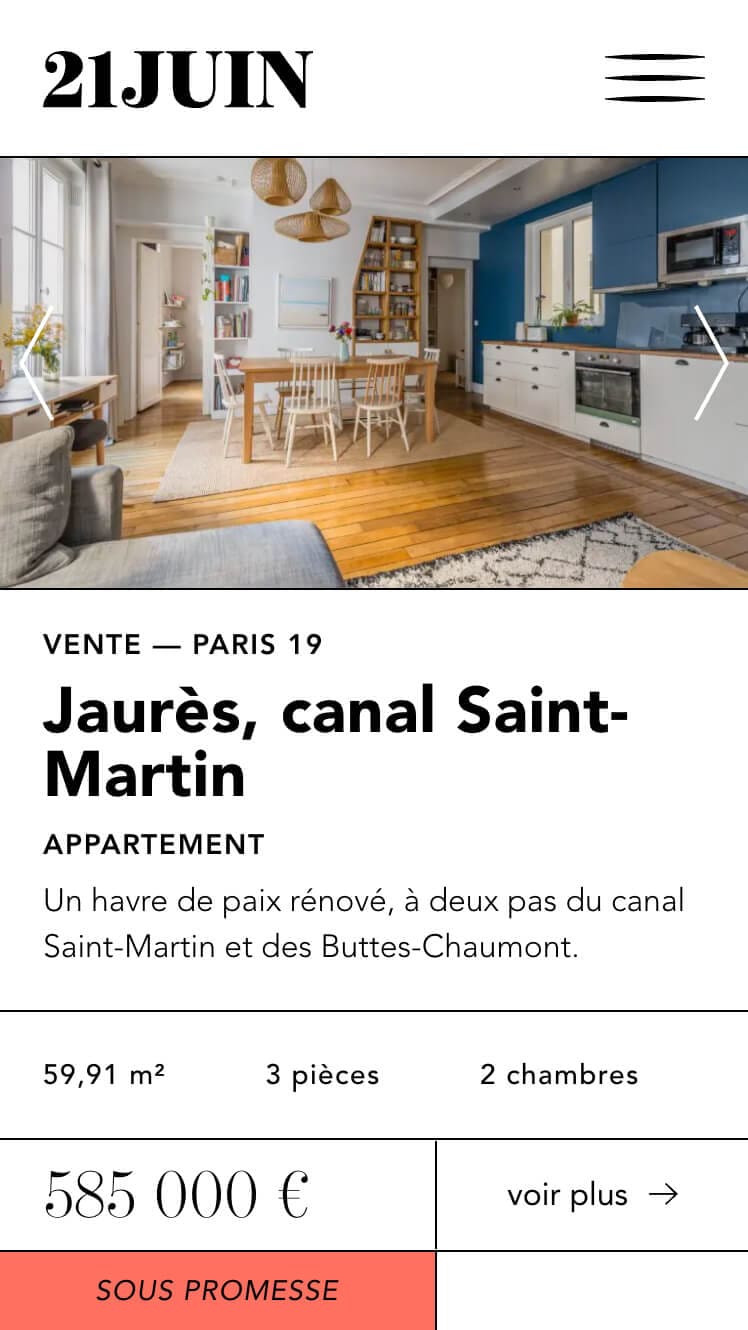Le site de l'agence immobilière 21 juin sur telephone, design web IchetKar