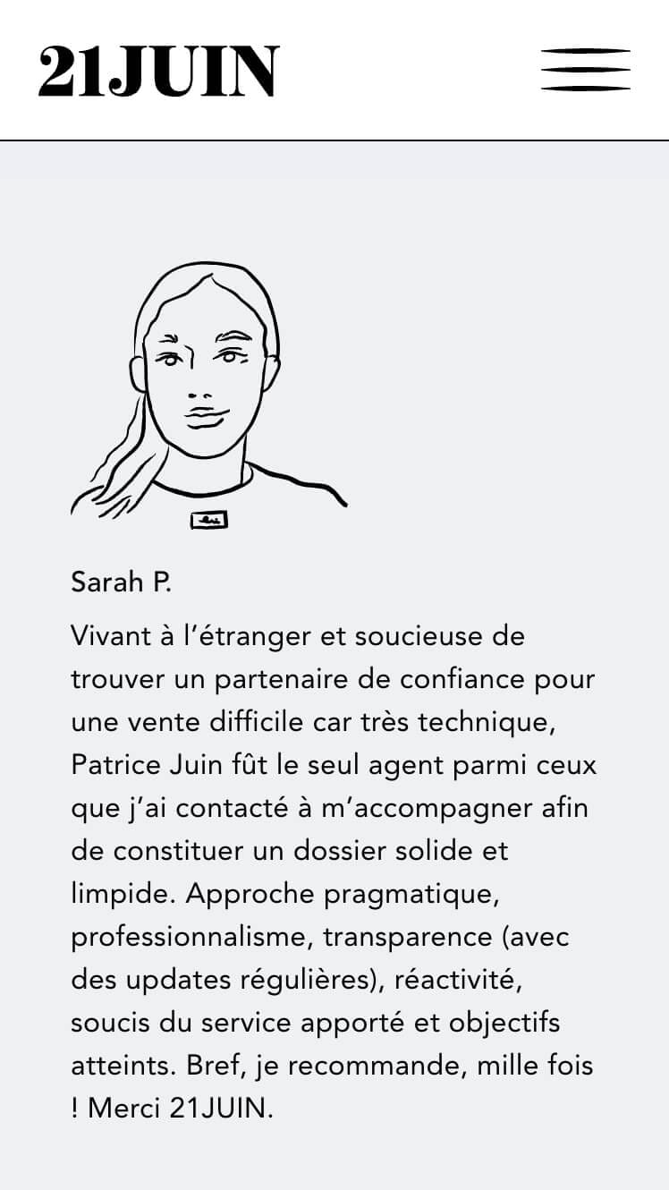 Les témoignages en version telephone sur le site de l'agence immobilière 21 juin, web design IchetKar