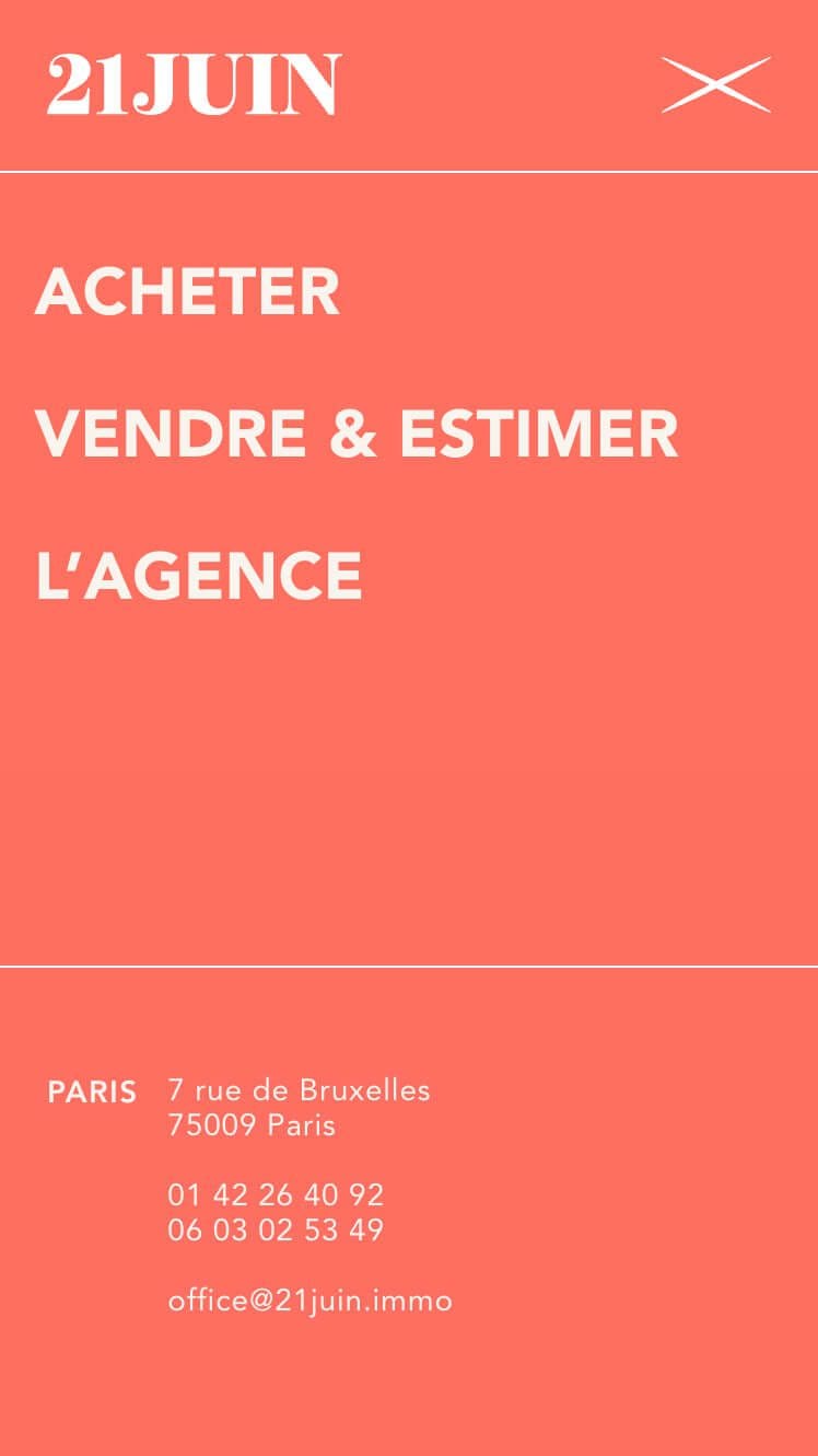 Le menu mobile ouvert du site internet 21juin.immo, agence immobilière dirigé Patrice Juin, design web IchetKar