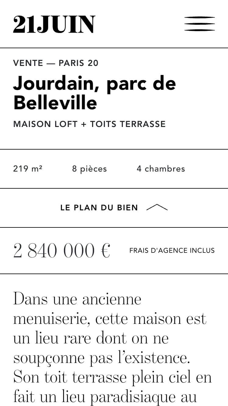 Les biens immobiliers sont présentés de manier clair et franche sur le site internet de l'agence immobilière 21 juin, design Ichetkar