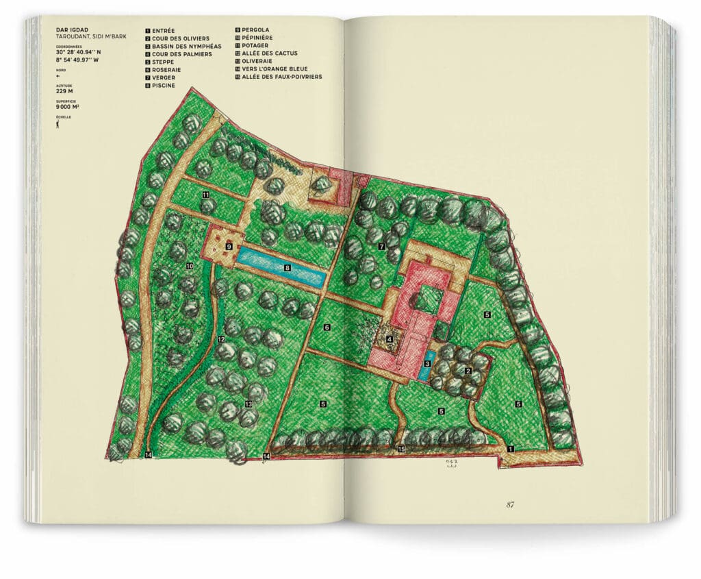 Double page sur le plan du jardin Dar Igdad dessiné par les paysagistes Ossart et Maurières, design ichetkar