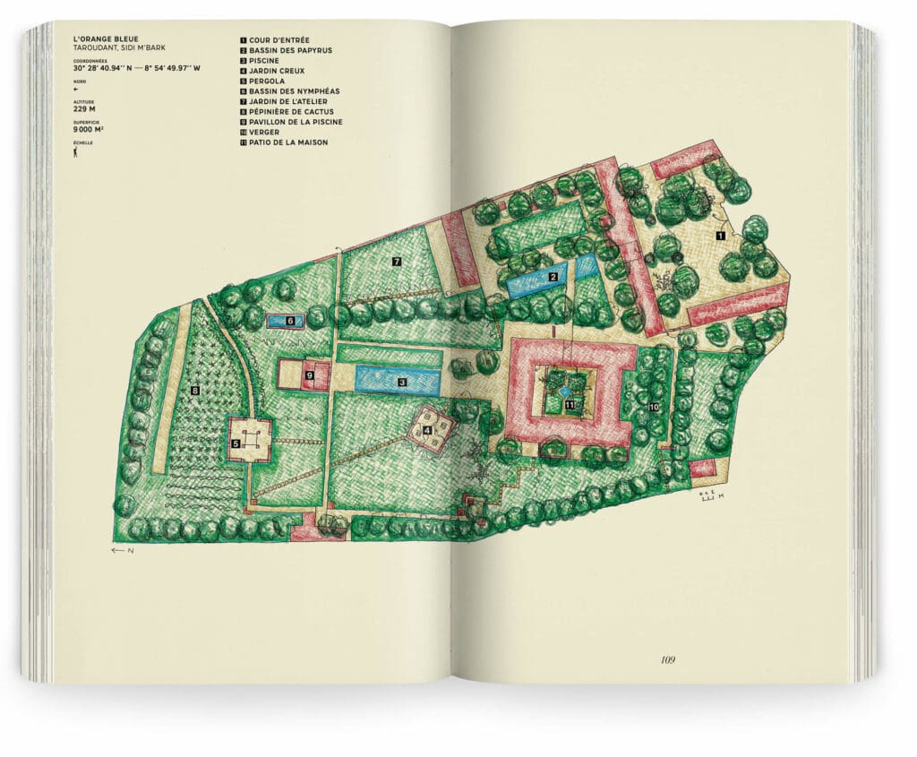 Double page sur le plan du jardin L'Orange Bleue dessiné par les paysagistes Ossart et Maurières, design ichetkar