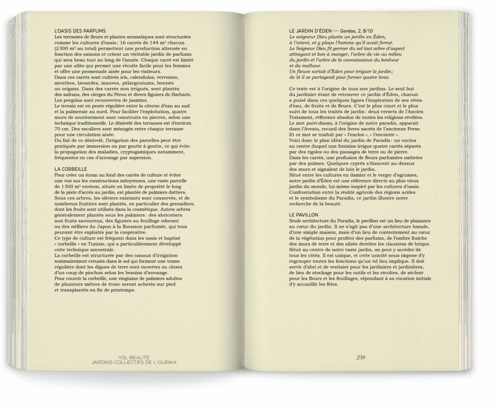 Double page de texte sur le jardin Yves Saint Laurent, collectifs de l'Ourik réalisé par le duo de paysagiste Ossart + Maurières, design IchetKar