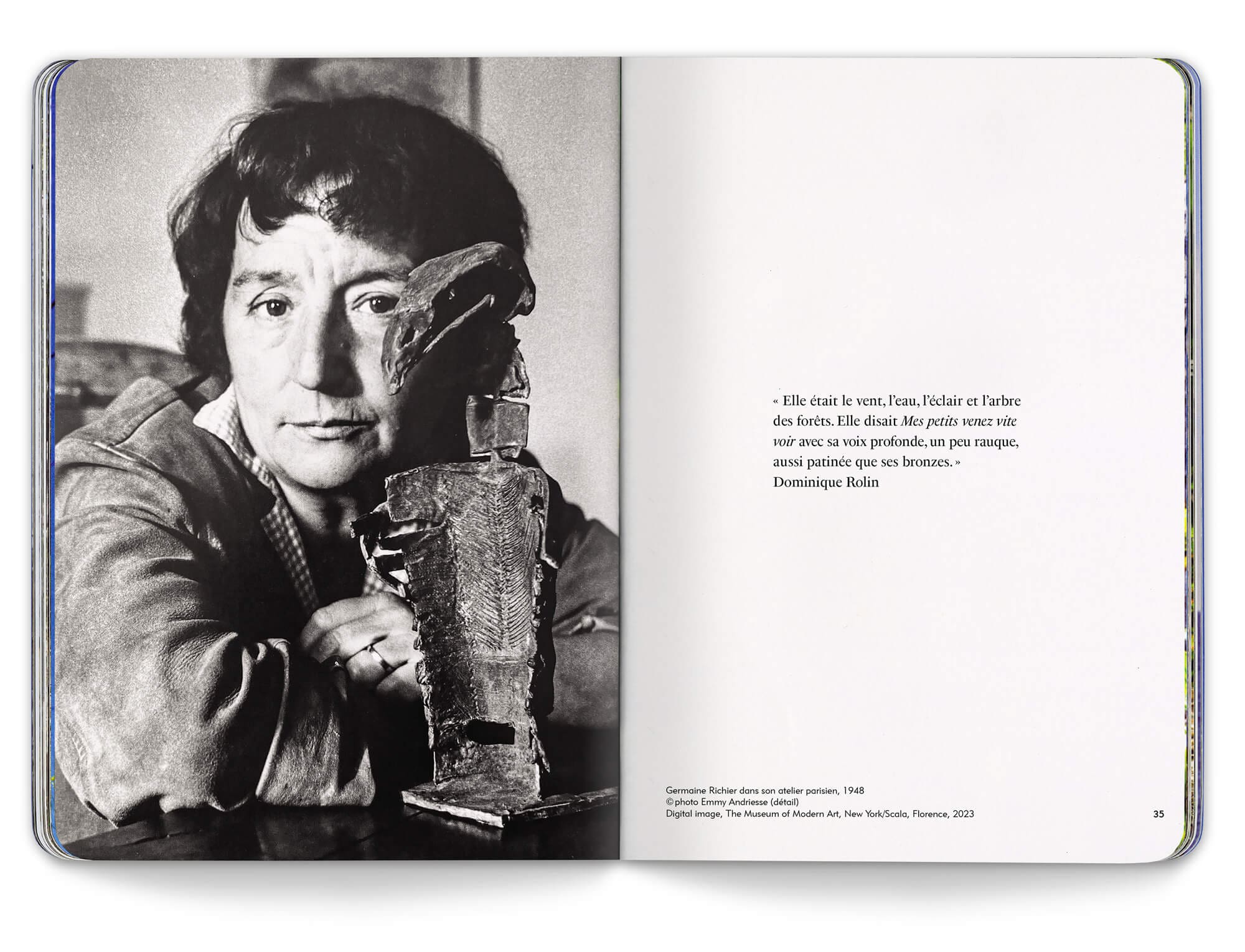 Portrait de Germaine Richier dans son atelier parisien photographié par Emmy Andress accompagné d'une citation de Dominique Rolin, direction artistique du livre d'artiste par IchetKar