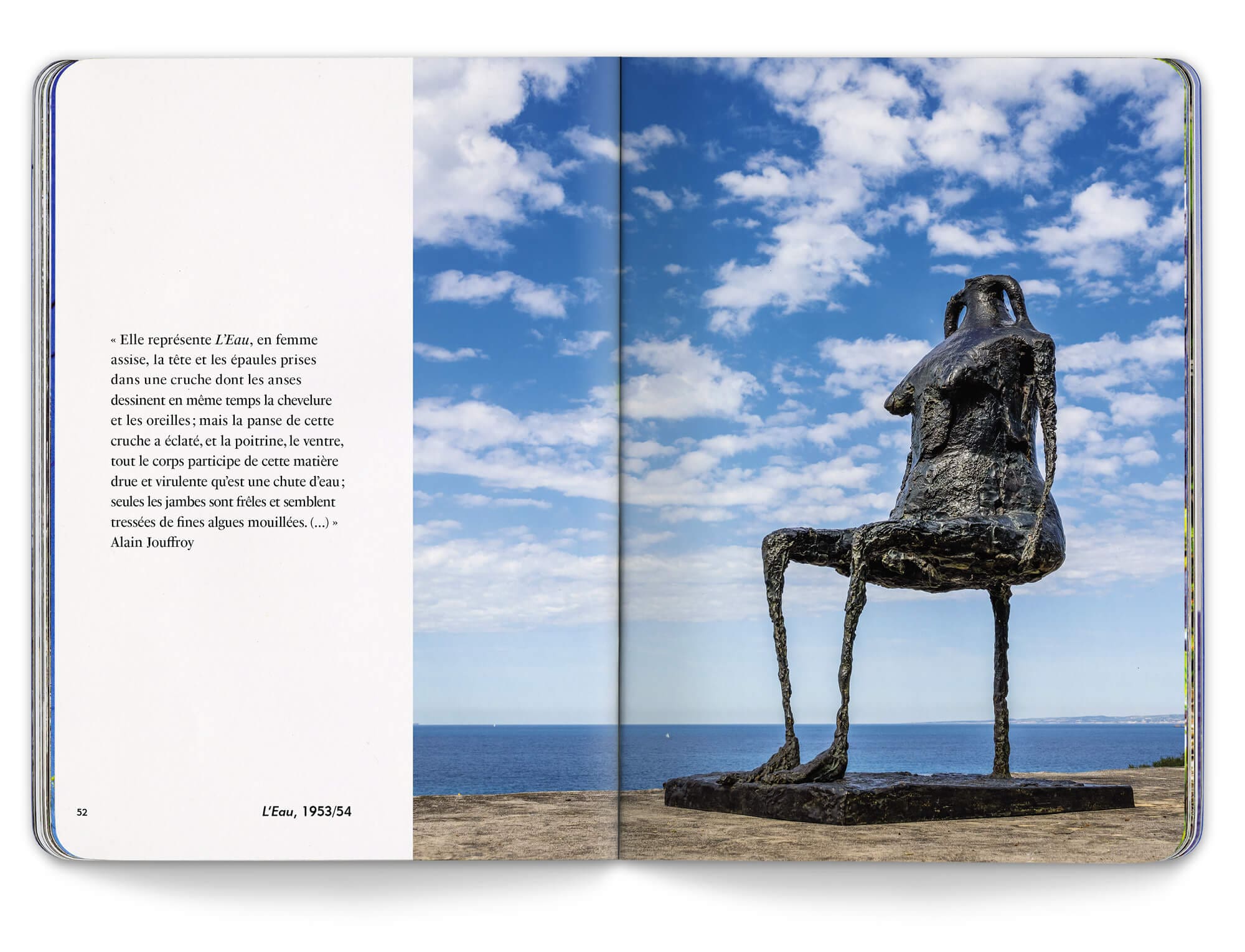 Photographie de la sculpture L'Eau de Germaine Richier en vis à vis d'une citation d'Alain Jouffroy pour le catalogue de l'exposition organisé par la Friche de L'escalette à Marseille, design IchetKar