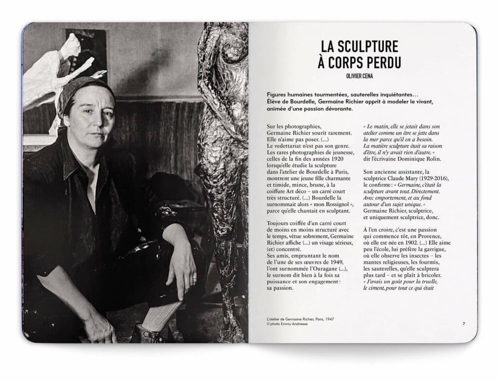 Livre d'artiste de l'exposition Germaine Richier La méditerranéenne, exposition 2024 à la friche de l'escalette, photographie de Emmy Andriesse et texte d'Olivier Cena, direction artistique Ichetkar