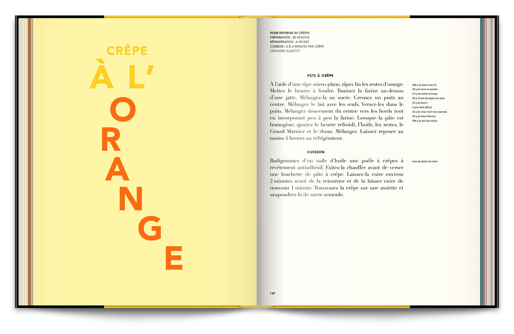 Le livre Infiniment de Pierre Hermé, un classique, la crêpe a l'orange, design IchetKar