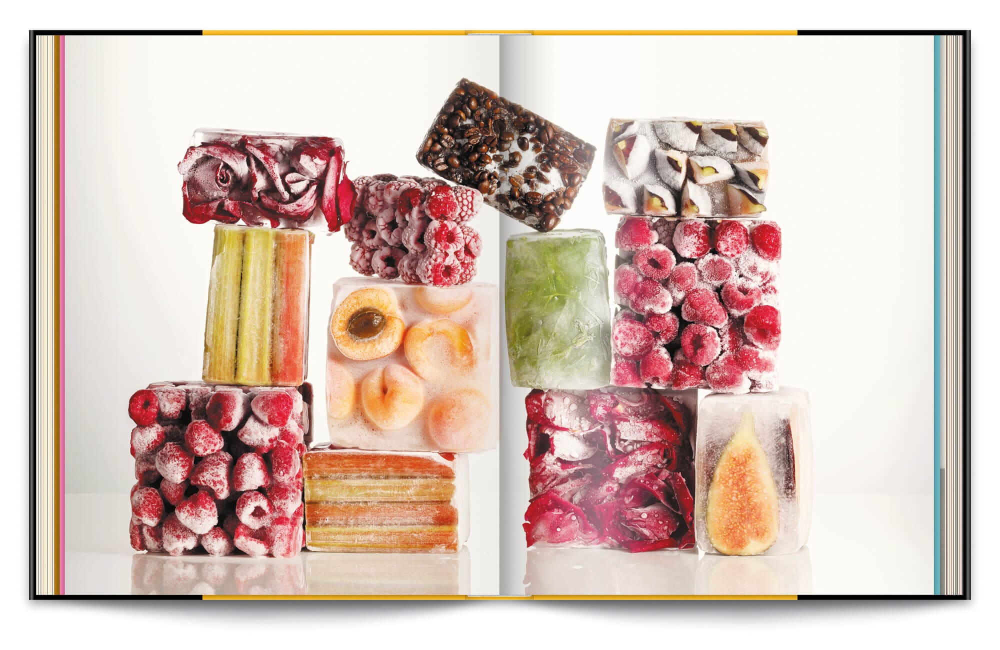 Ichetkar signe la direction artistique du livre Infiniment de Pierre Hermé, fruits façon bloc de glace photographié par Jean-Jacques Pallot