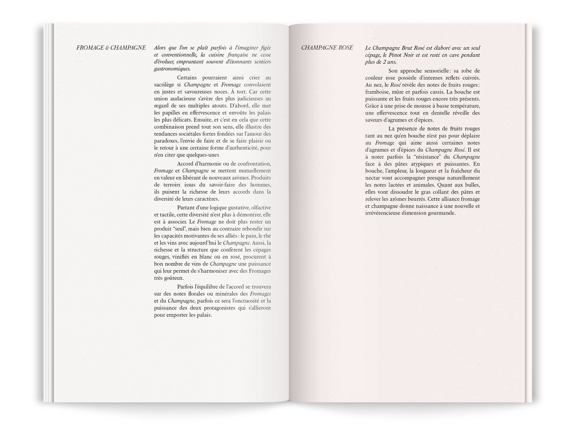 Les accords champagne et fromage sont abordés dans le livret de la milk factory formage o'parfum, mise en page et graphisme IchetKar