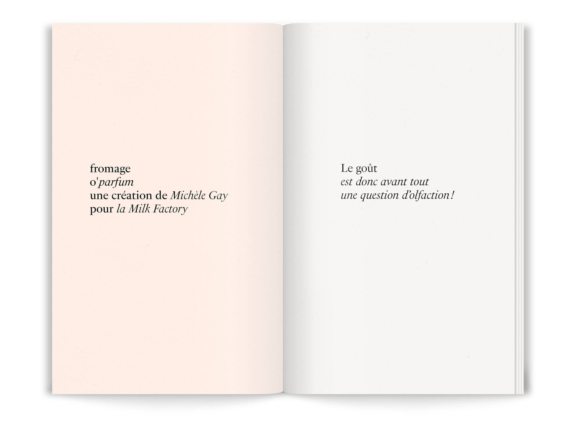 Le livret fromage o'parfum est une création de Michele Gay pour la milk factory, design graphique et typographie IchetKar