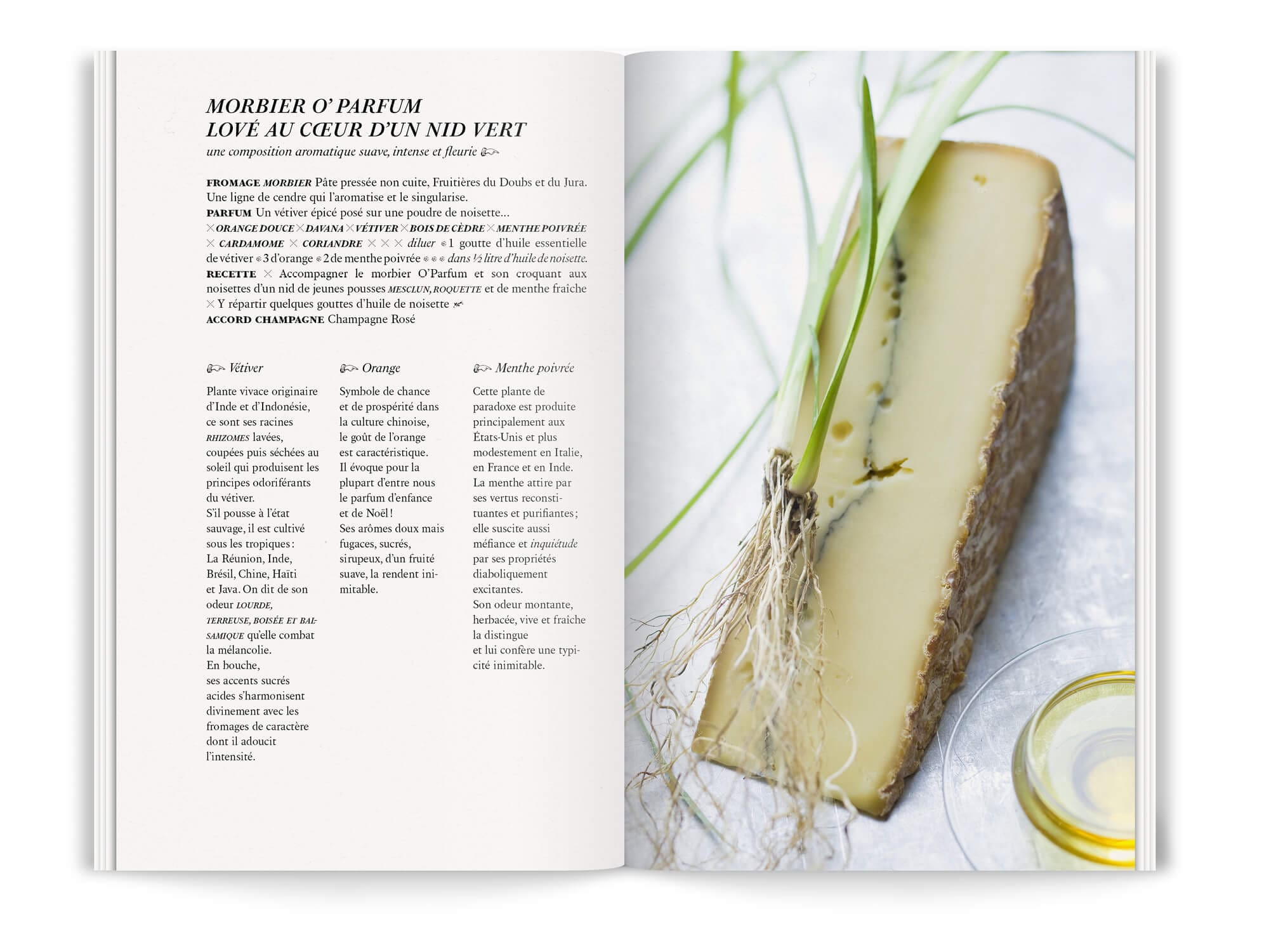 La recette morbier o'parfum lové au coeur d'un nid de jeune pousses de mesclun dans le livret fromage o'parfum de la milk factory, design graphique IchetKar